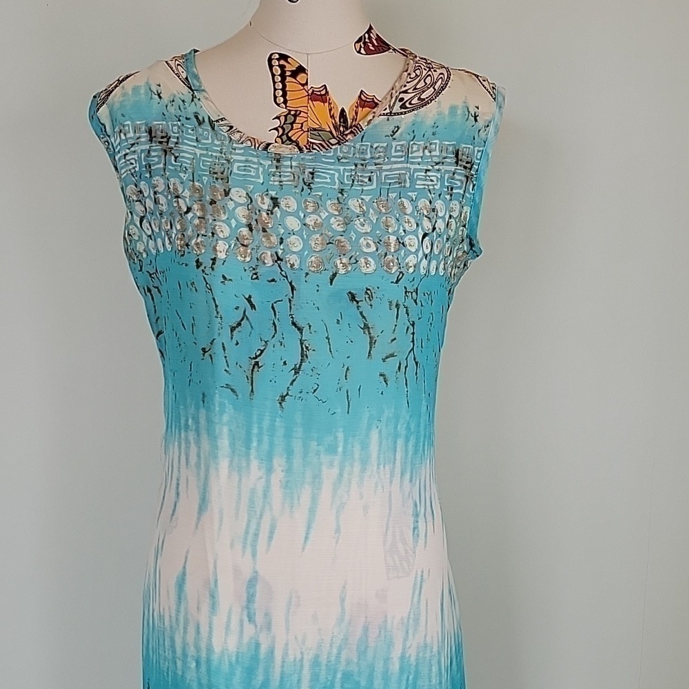 Connie's Moonlight sleeveless dress in browns & blues. With shrug jacket small - Picture 3 of 15
